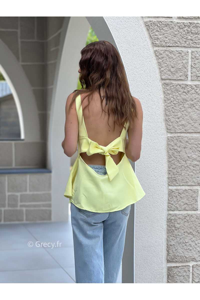 top peplum jaune dos ouvert noeud mode grecy tendance printemps été 2025 ootd fluide cérémonie chic