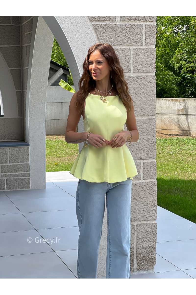 top peplum jaune dos ouvert noeud mode grecy tendance printemps été 2025 ootd fluide cérémonie chic