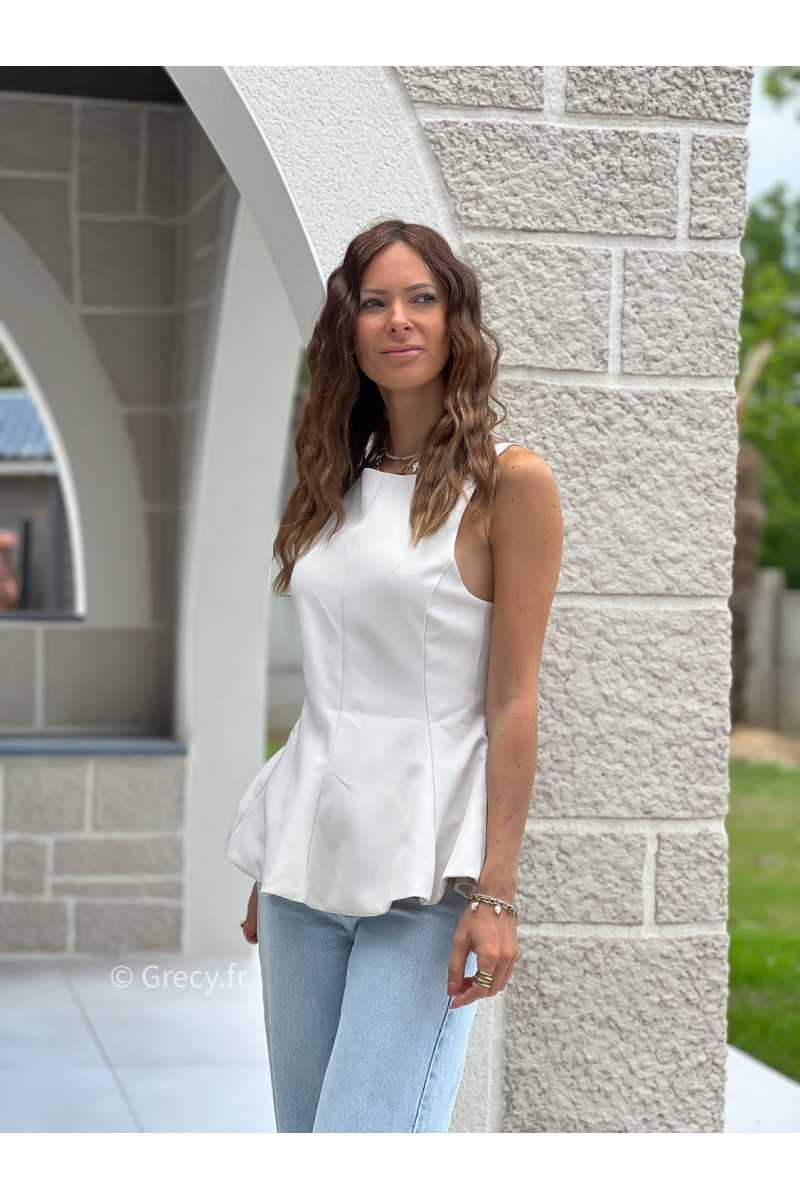 top peplum beige dos ouvert noeud mode grecy tendance printemps été 2025 ootd fluide cérémonie chic