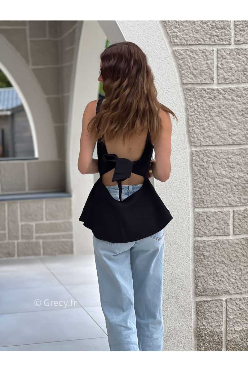 top peplum noir dos ouvert noeud mode grecy tendance printemps été 2025 ootd fluide cérémonie chic