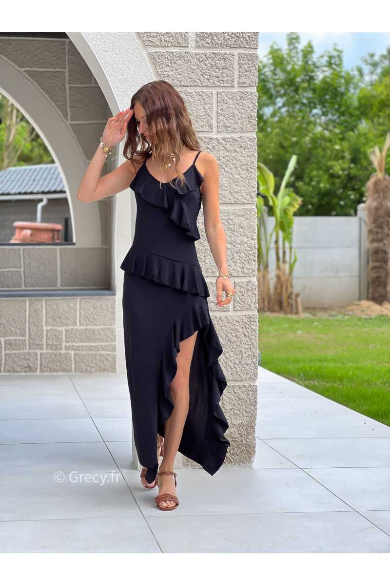 Robe longue volants noire asymétrique mode grecy tendance printemps été 2025 ootd fluide cérémonie chic