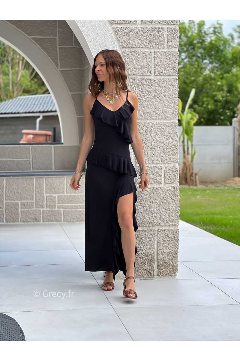 Robe longue volants noire asymétrique mode grecy tendance printemps été 2025 ootd fluide cérémonie chic