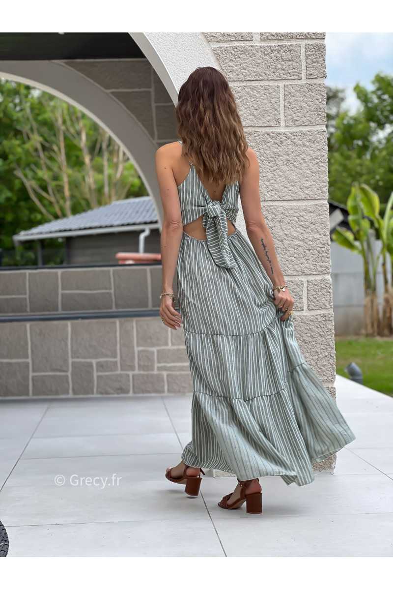 Robe longue rayures kaki noeud dos bohème mode grecy tendance printemps été 2025 ootd fluide cérémonie chic