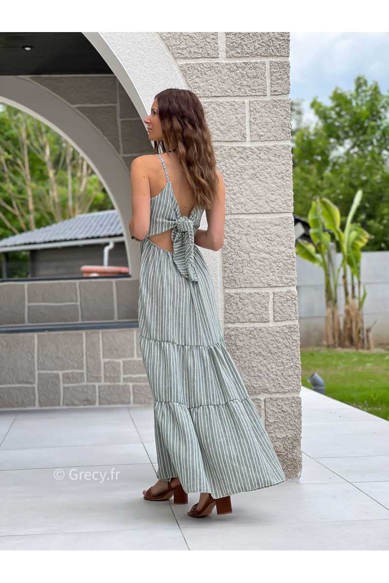 Robe longue rayures kaki noeud dos bohème mode grecy tendance printemps été 2025 ootd fluide cérémonie chic