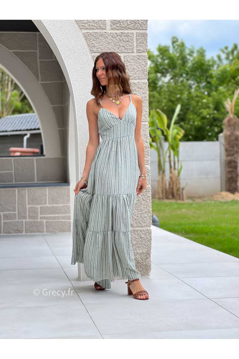 Robe longue rayures kaki noeud dos bohème mode grecy tendance printemps été 2025 ootd fluide cérémonie chic