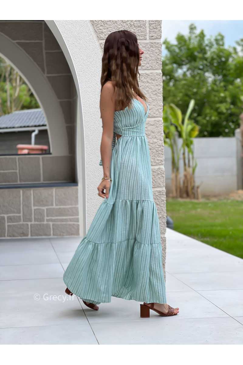 Robe longue rayures vert d'eau clair noeud dos bohème mode grecy tendance printemps été 2025 ootd fluide cérémonie chic