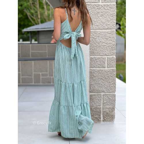 Robe longue rayures vert d'eau clair noeud dos bohème mode grecy tendance printemps été 2025 ootd fluide cérémonie chic