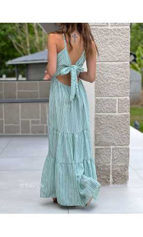 Robe longue rayures vert d'eau clair noeud dos bohème mode grecy tendance printemps été 2025 ootd fluide cérémonie chic