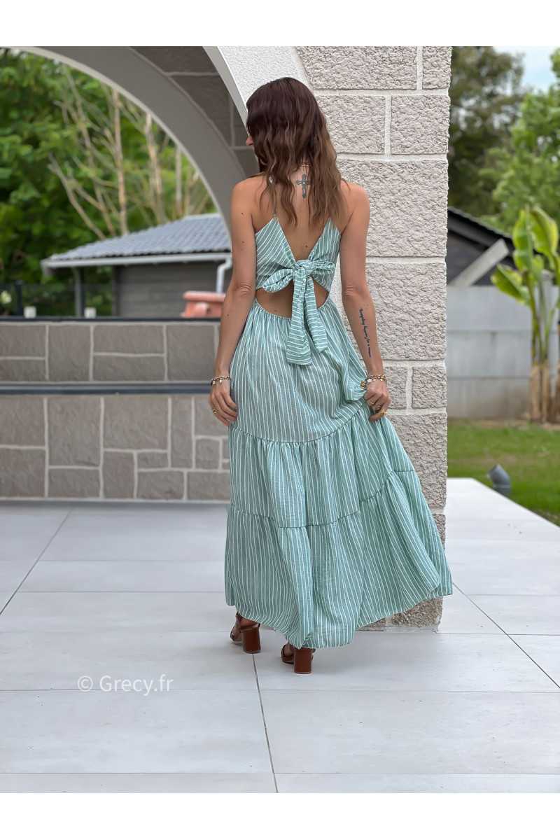 Robe longue rayures vert d'eau clair noeud dos bohème mode grecy tendance printemps été 2025 ootd fluide cérémonie chic