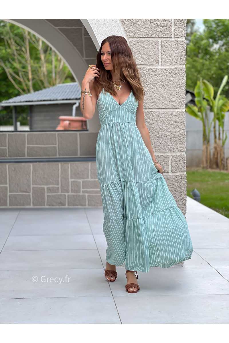Robe longue rayures vert d'eau clair noeud dos bohème mode grecy tendance printemps été 2025 ootd fluide cérémonie chic
