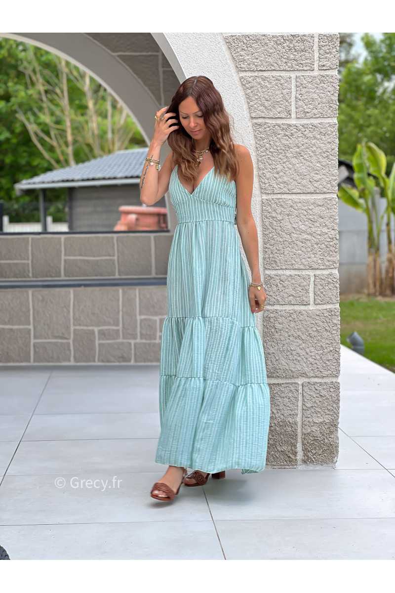 Robe longue rayures vert d'eau clair noeud dos bohème mode grecy tendance printemps été 2025 ootd fluide cérémonie chic