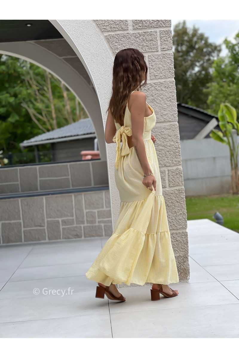 Robe longue rayures jaune noeud dos bohème mode grecy tendance printemps été 2025 ootd fluide cérémonie chic