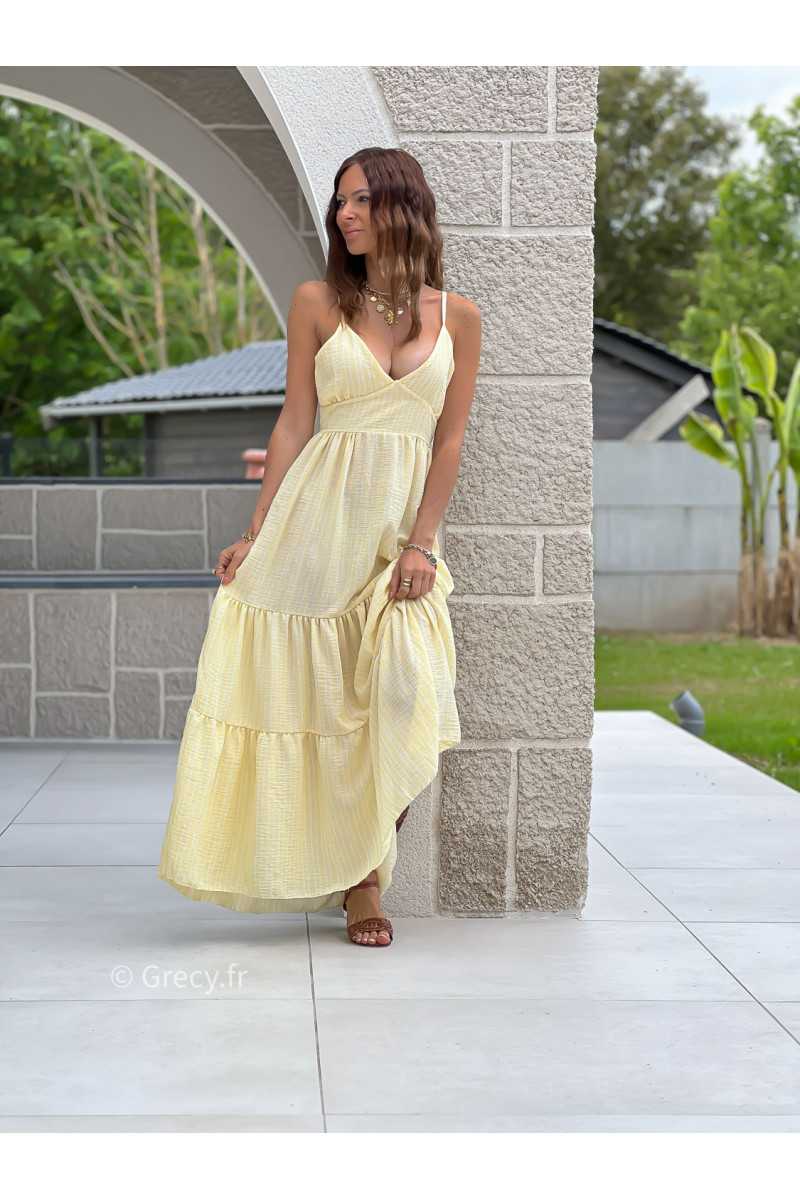 Robe longue rayures jaune noeud dos bohème mode grecy tendance printemps été 2025 ootd fluide cérémonie chic