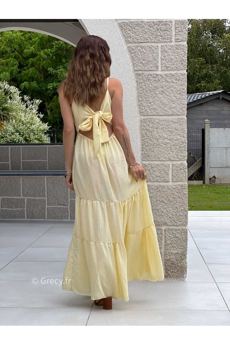 Robe longue rayures jaune noeud dos bohème mode grecy tendance printemps été 2025 ootd fluide cérémonie chic