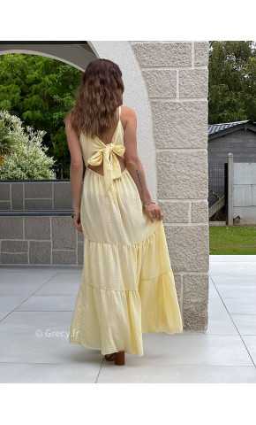 Robe longue rayures jaune noeud dos bohème mode grecy tendance printemps été 2025 ootd fluide cérémonie chic
