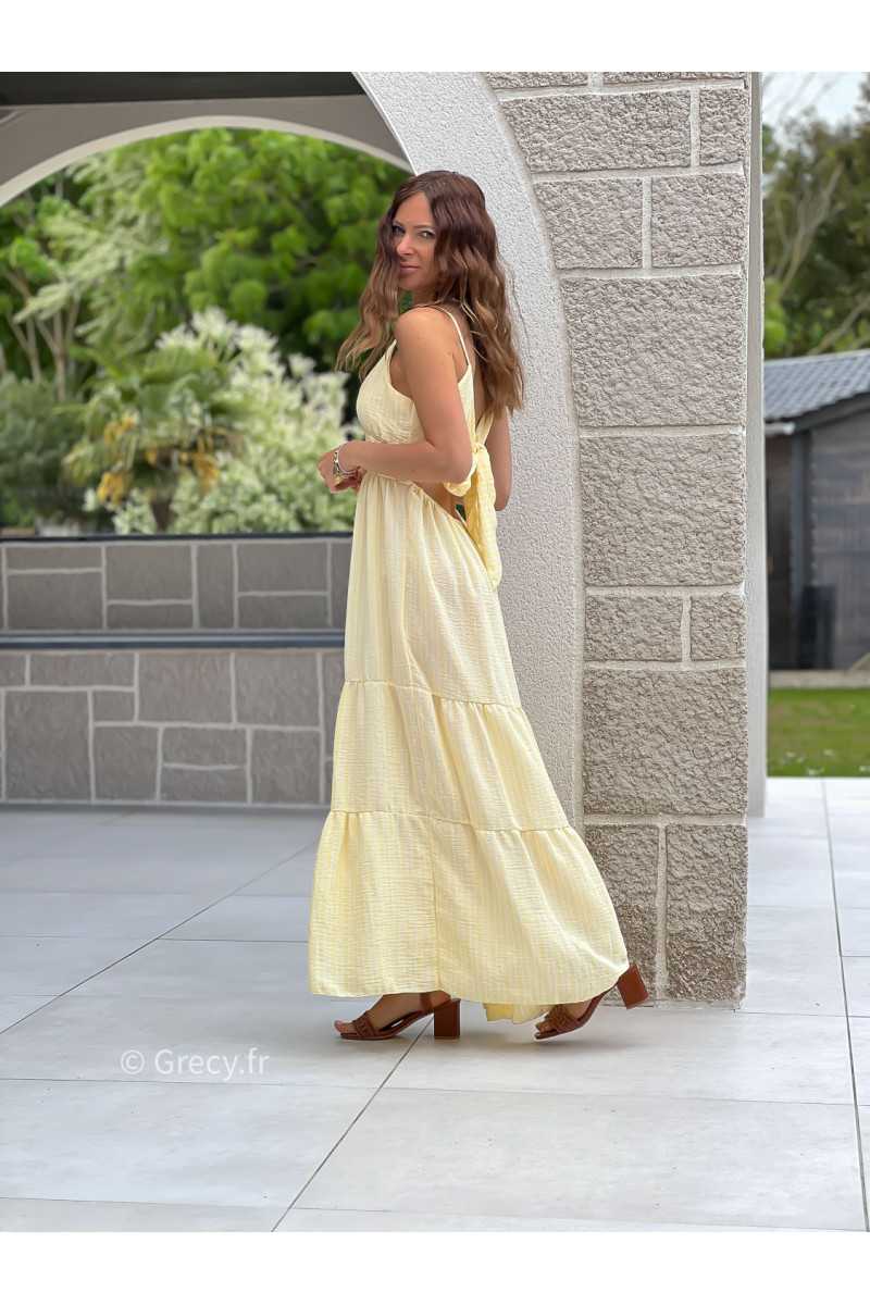 Robe longue rayures jaune noeud dos bohème mode grecy tendance printemps été 2025 ootd fluide cérémonie chic