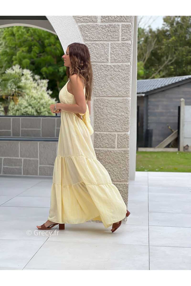 Robe longue rayures jaune noeud dos bohème mode grecy tendance printemps été 2025 ootd fluide cérémonie chic