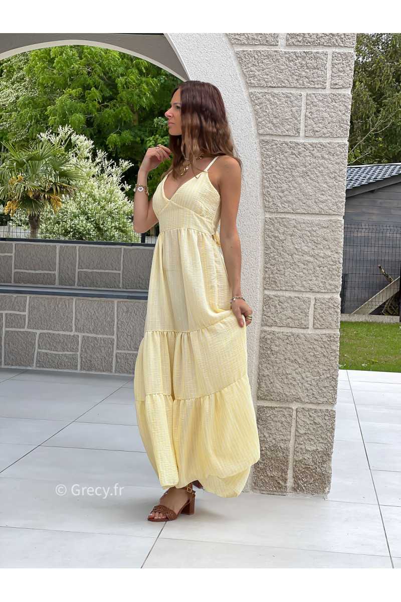 Robe longue rayures jaune noeud dos bohème mode grecy tendance printemps été 2025 ootd fluide cérémonie chic