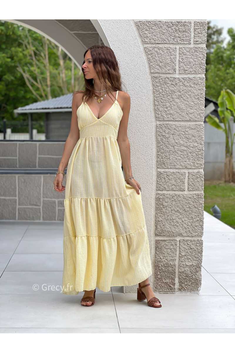 Robe longue rayures jaune noeud dos bohème mode grecy tendance printemps été 2025 ootd fluide cérémonie chic