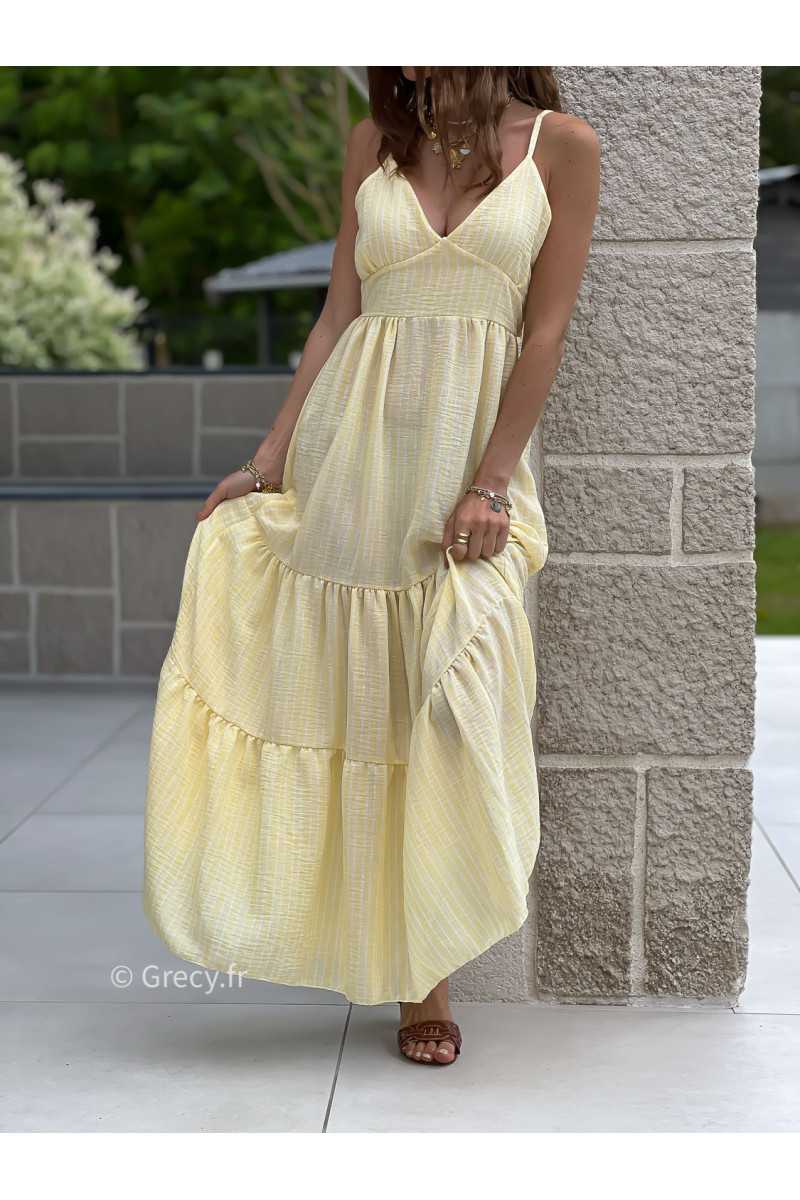 Robe longue rayures jaune noeud dos bohème mode grecy tendance printemps été 2025 ootd fluide cérémonie chic