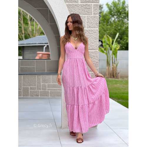 Robe longue rayures rose