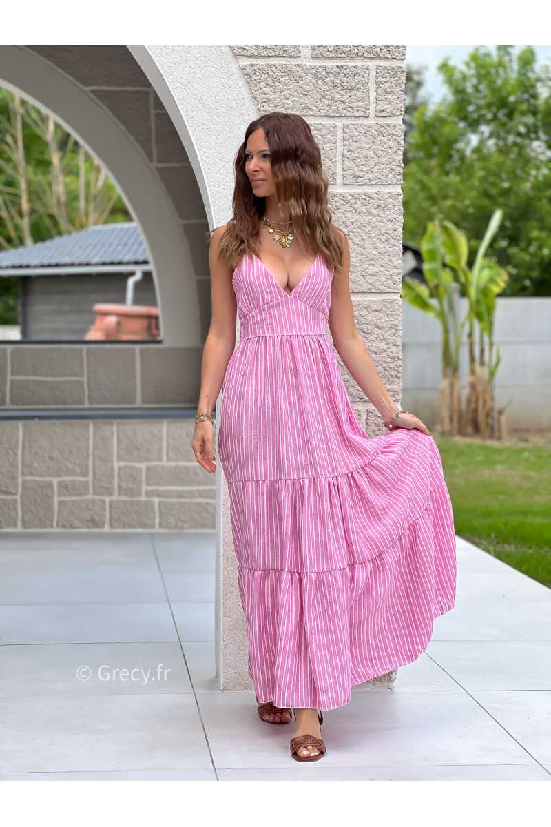 Robe longue rayures rose noeud dos bohème mode grecy tendance printemps été 2025 ootd fluide cérémonie chic