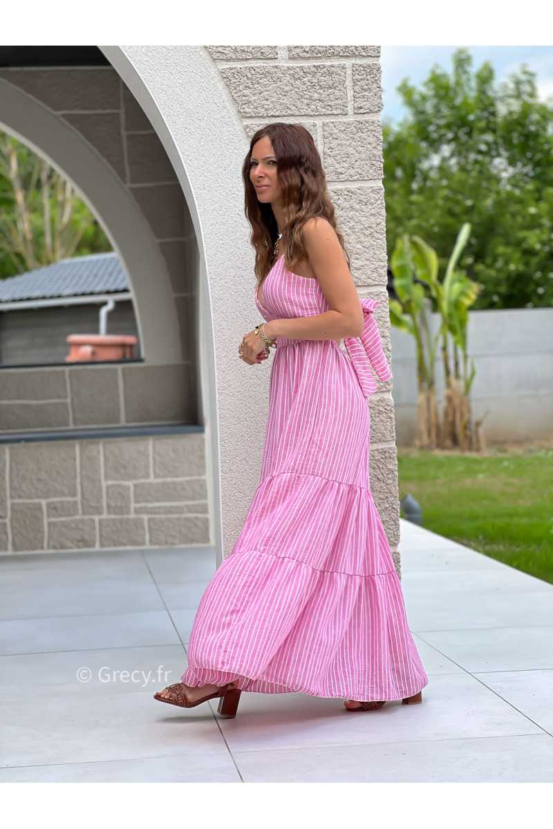 Robe longue rayures rose noeud dos bohème mode grecy tendance printemps été 2025 ootd fluide cérémonie chic
