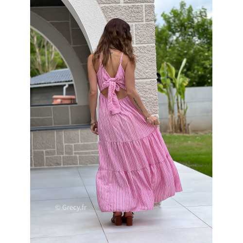 Robe longue rayures rose noeud dos bohème mode grecy tendance printemps été 2025 ootd fluide cérémonie chic