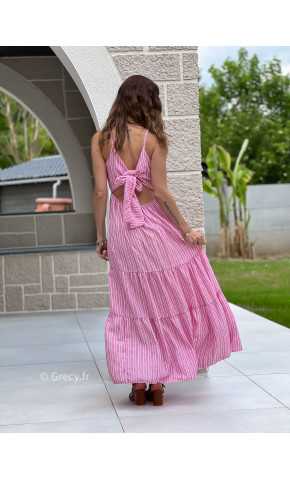 Robe longue rayures rose noeud dos bohème mode grecy tendance printemps été 2025 ootd fluide cérémonie chic