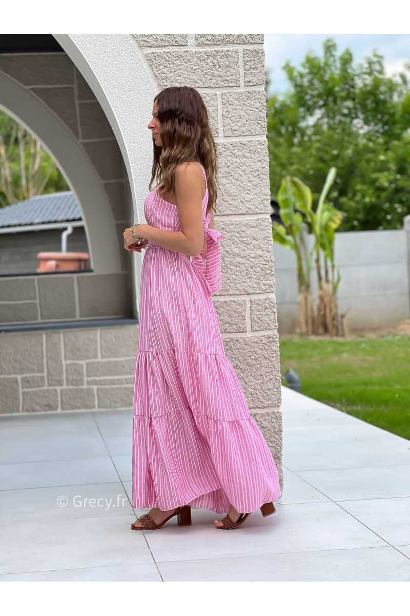 Robe longue rayures rose noeud dos bohème mode grecy tendance printemps été 2025 ootd fluide cérémonie chic