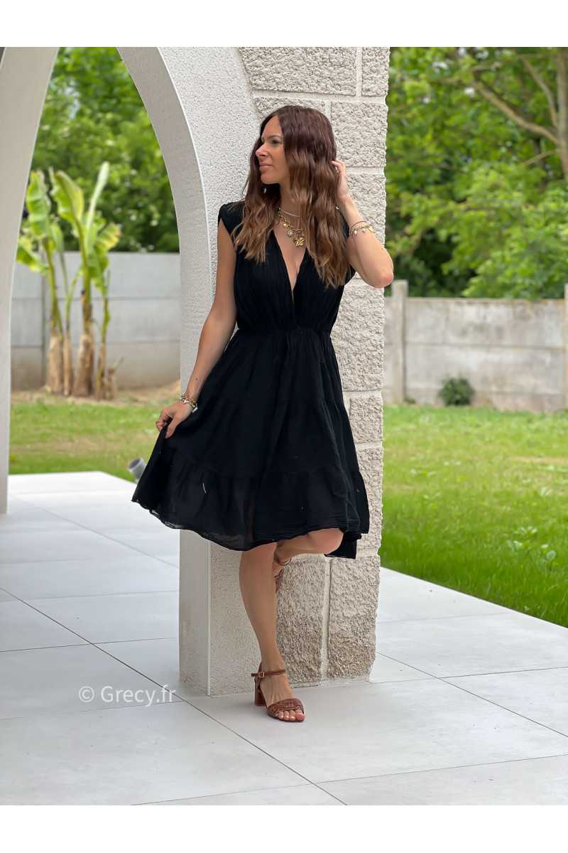 Robe gaze de coton noire bohème mode grecy tendance printemps été 2025 ootd fluide cérémonie chic