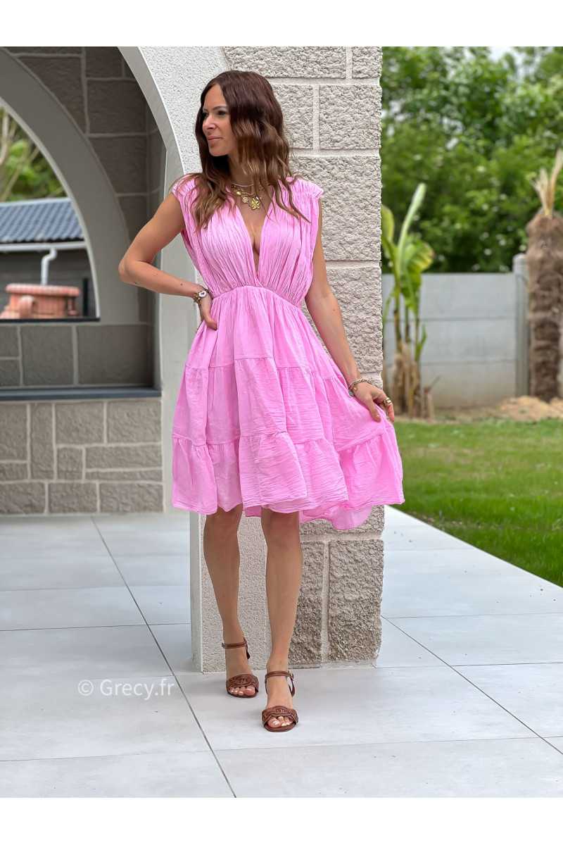 Robe gaze de coton rose bohème mode grecy tendance printemps été 2025 ootd fluide cérémonie chic