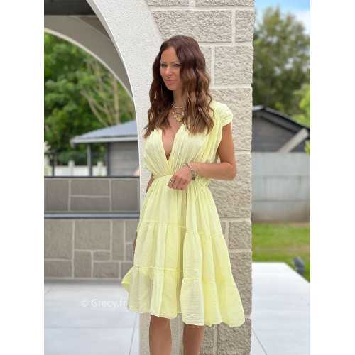 Robe gaze de coton jaune bohème mode grecy tendance printemps été 2025 ootd fluide cérémonie chic