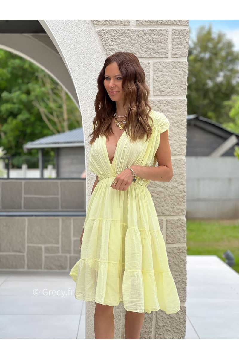Robe gaze de coton jaune bohème mode grecy tendance printemps été 2025 ootd fluide cérémonie chic