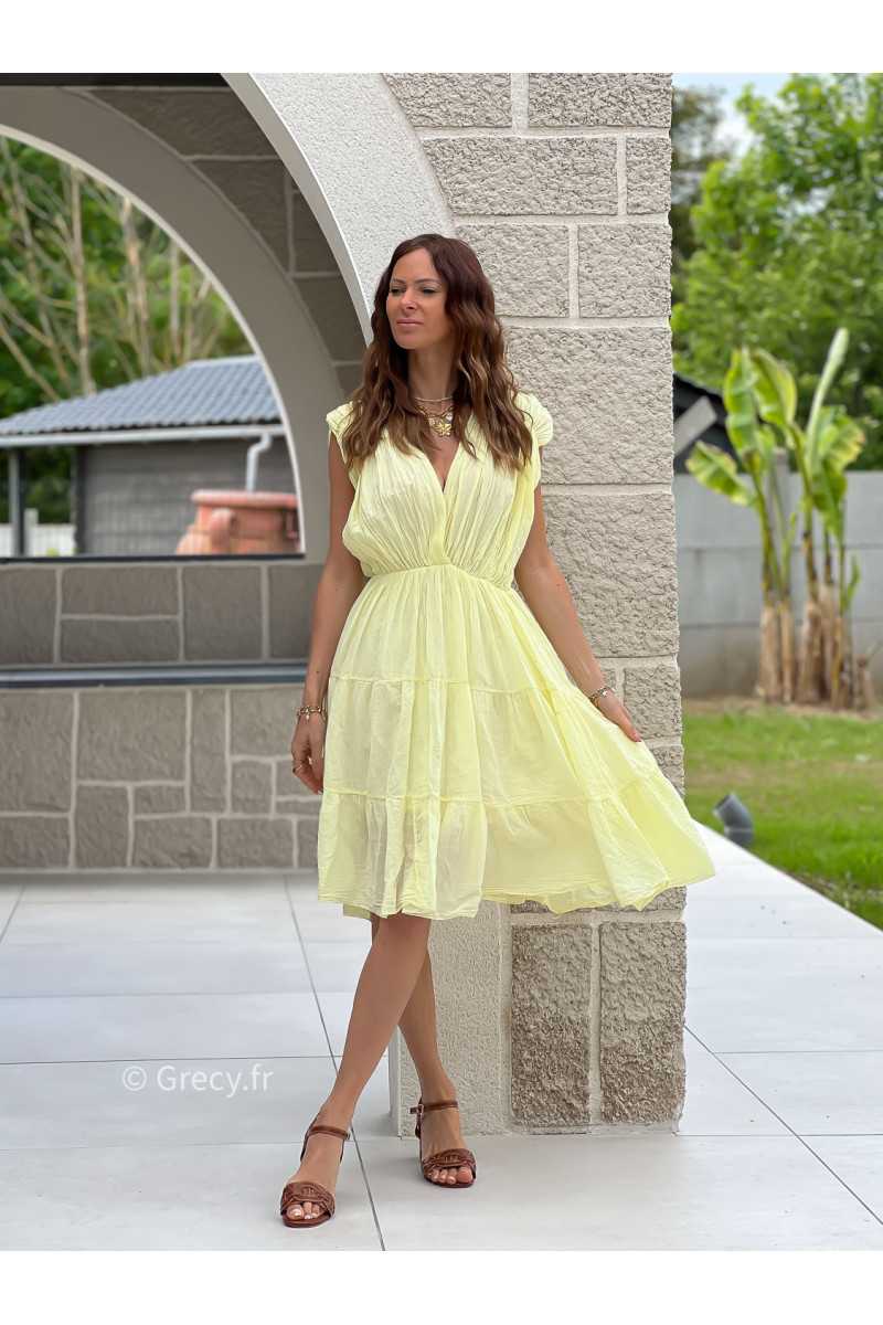 Robe gaze de coton jaune bohème mode grecy tendance printemps été 2025 ootd fluide cérémonie chic