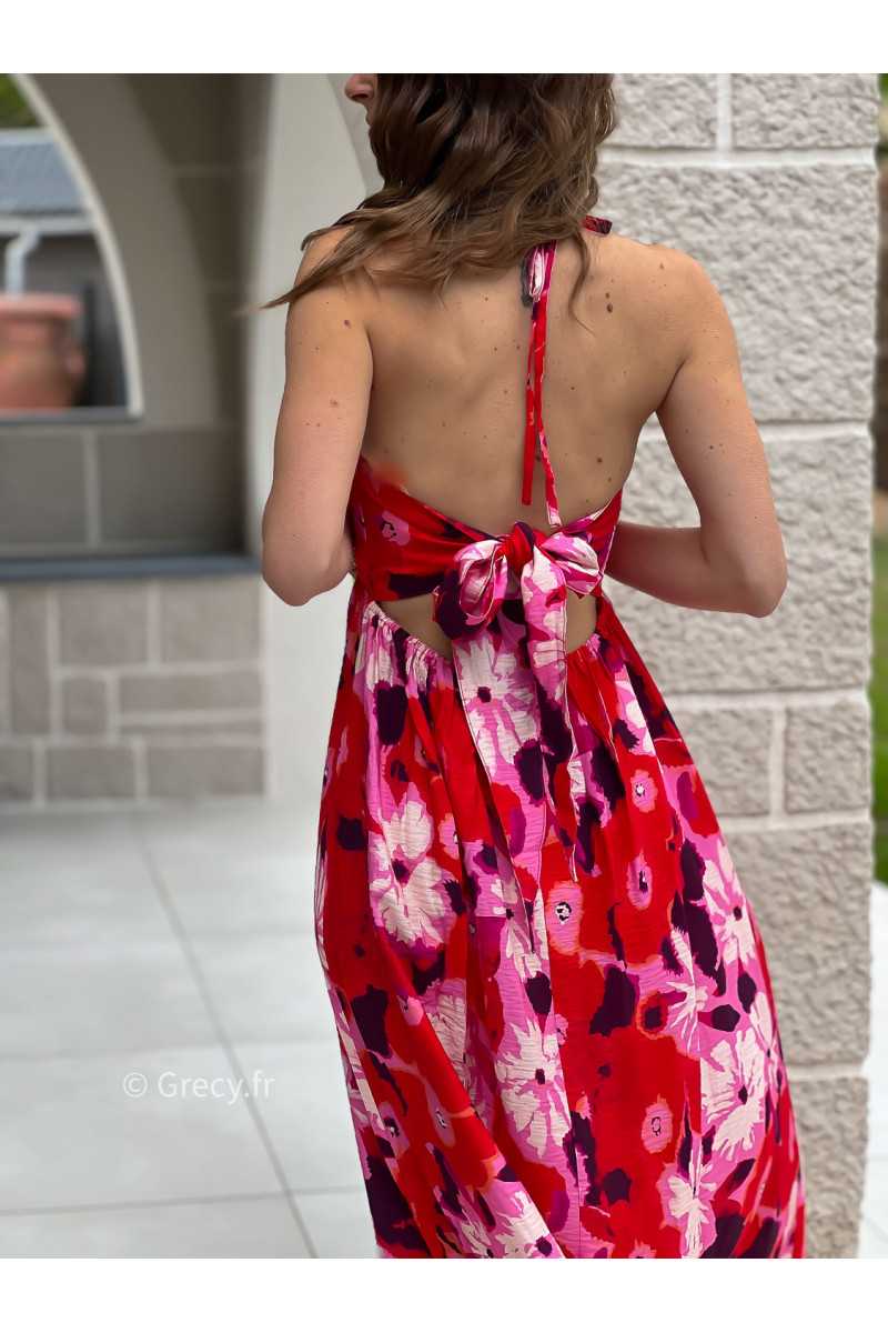Robe longue fleurie rouge rose noeud dos bohème mode grecy tendance printemps été 2025 ootd fluide cérémonie chic