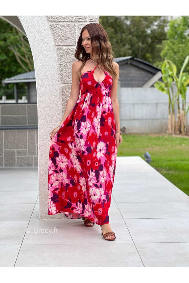 Robe longue fleurie rouge rose noeud dos bohème mode grecy tendance printemps été 2025 ootd fluide cérémonie chic