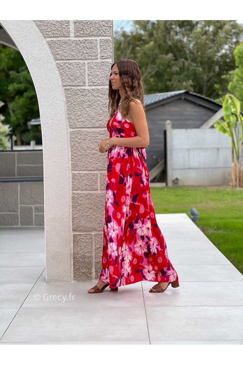 Robe longue fleurie rouge rose noeud dos bohème mode grecy tendance printemps été 2025 ootd fluide cérémonie chic