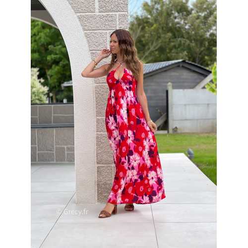 Robe longue fleurie rouge rose noeud dos bohème mode grecy tendance printemps été 2025 ootd fluide cérémonie chic