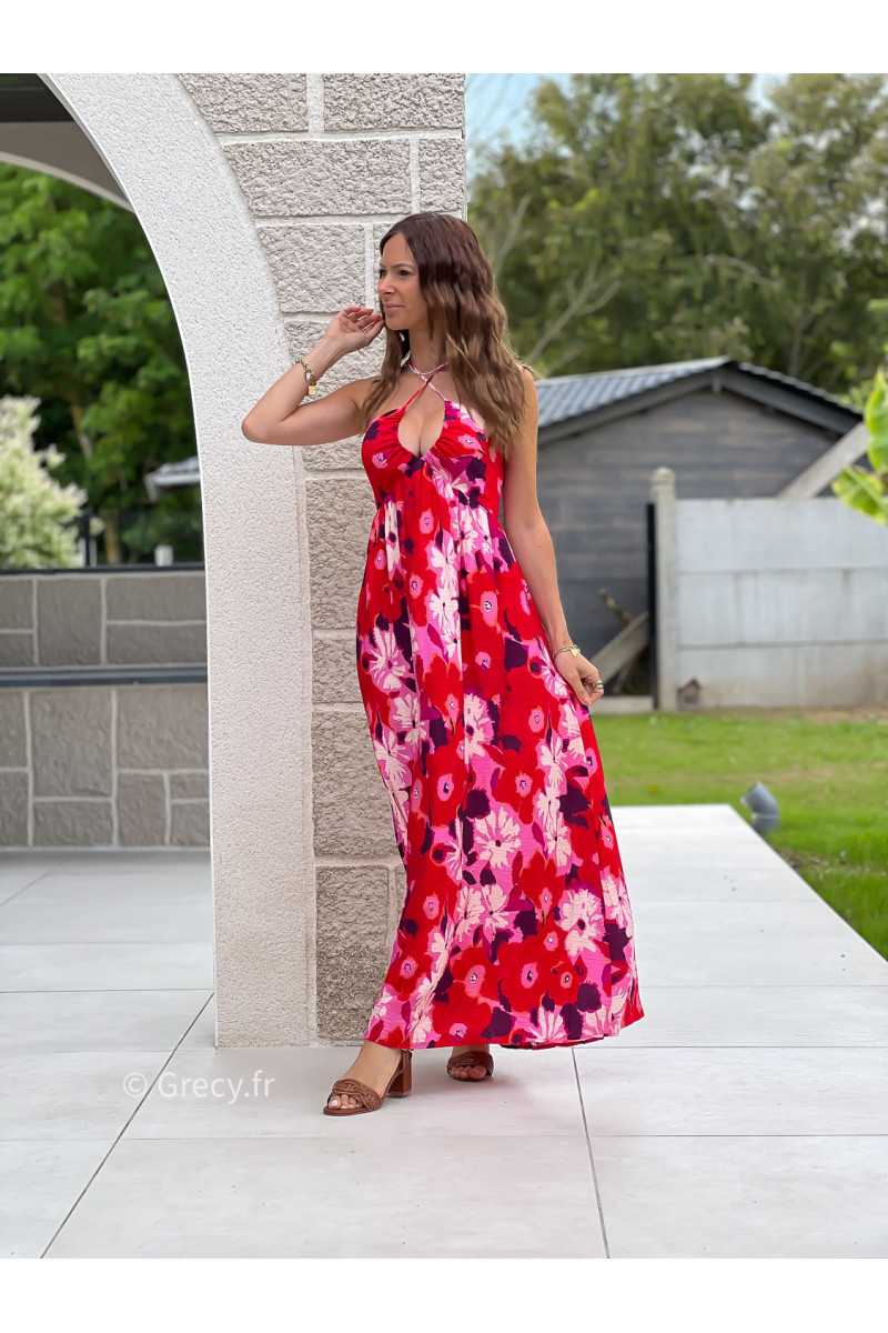 Robe longue fleurie rouge rose noeud dos bohème mode grecy tendance printemps été 2025 ootd fluide cérémonie chic