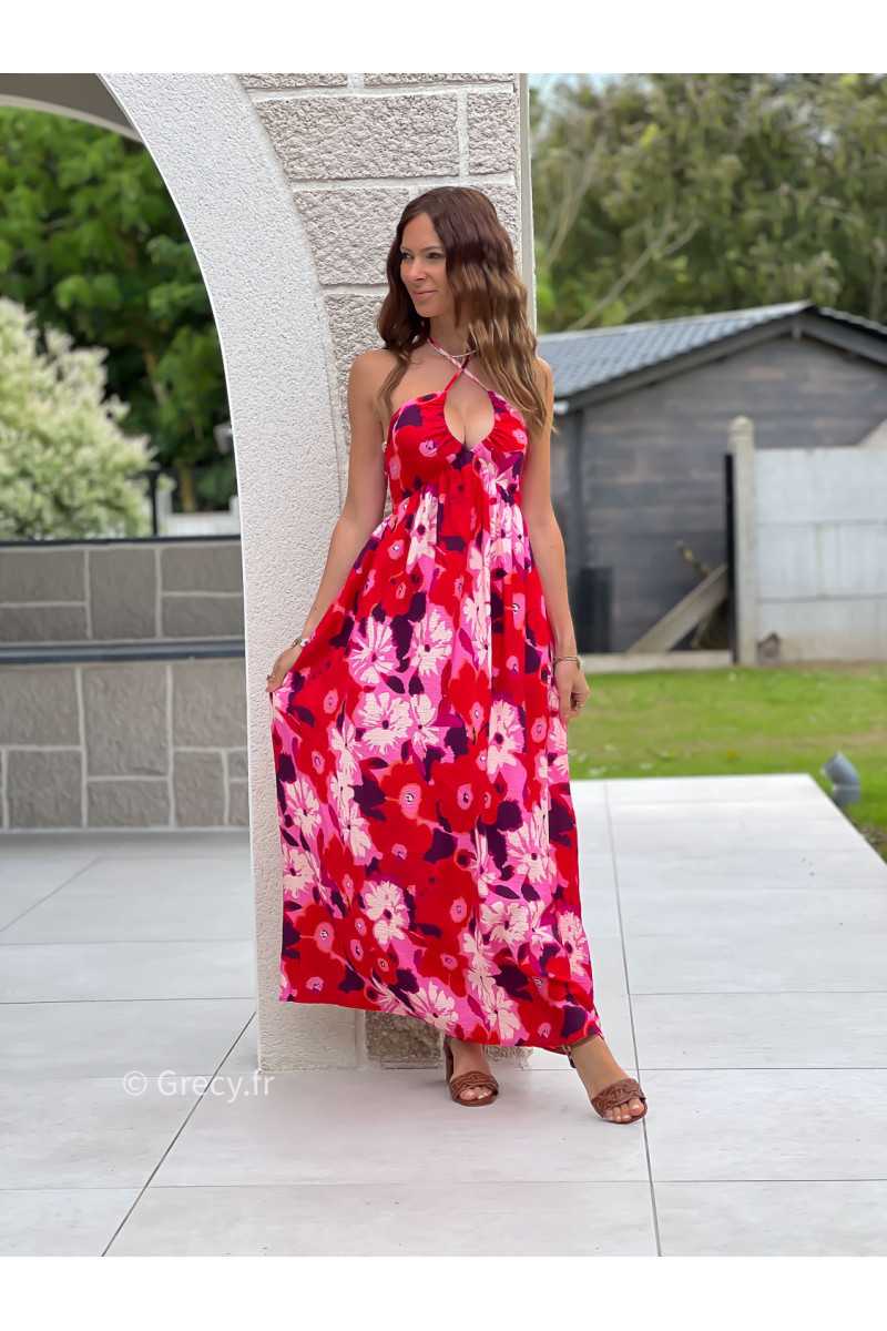 Robe longue fleurie rouge rose noeud dos bohème mode grecy tendance printemps été 2025 ootd fluide cérémonie chic