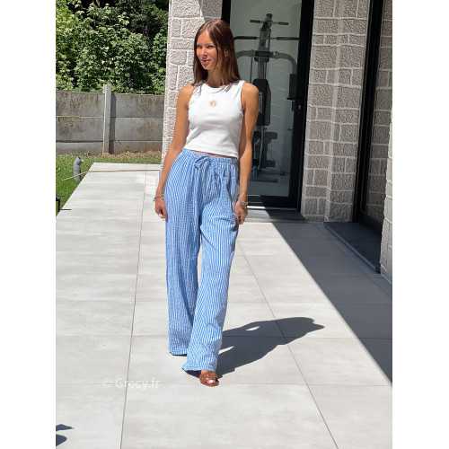 Pantalon gaze de coton rayures bleu mode tendance grecy printemps été 2025 basique intemporel
