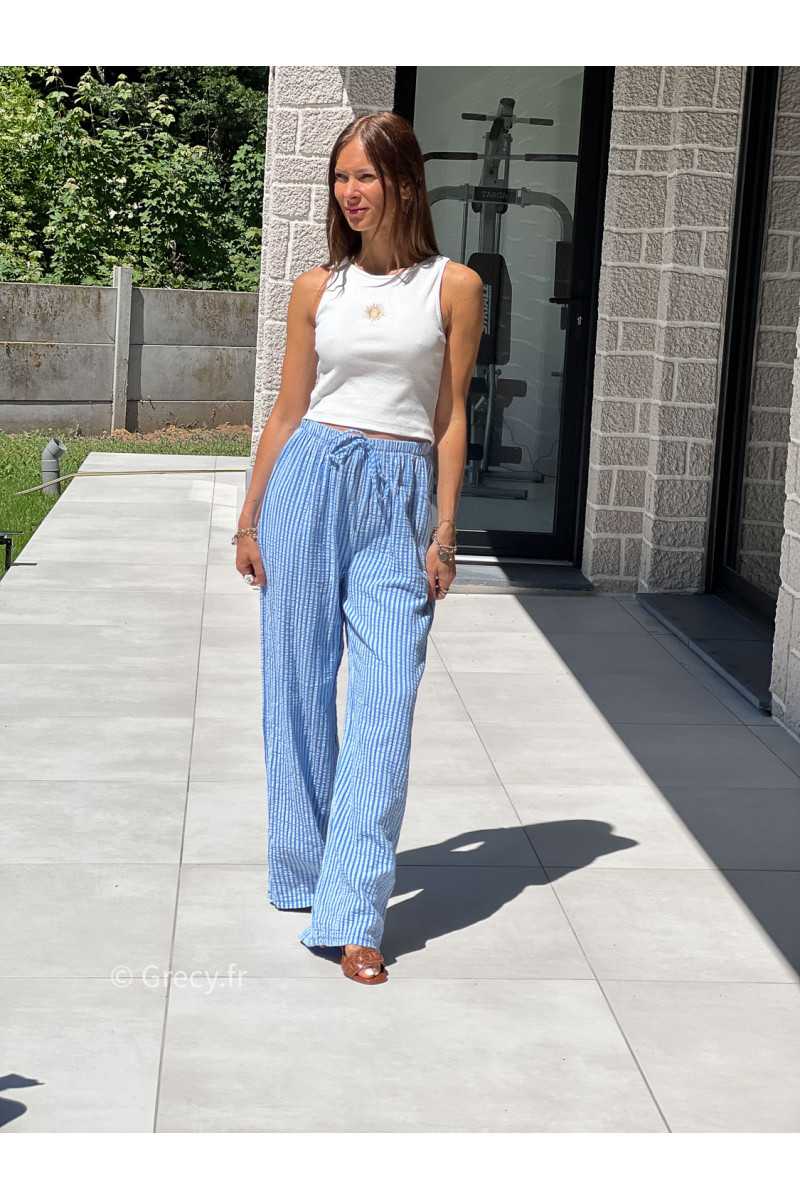 Pantalon gaze de coton rayures bleu mode tendance grecy printemps été 2025 basique intemporel