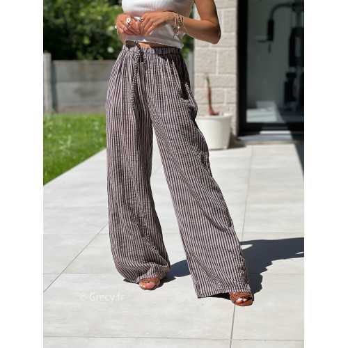 Pantalon gaze de coton rayures marron