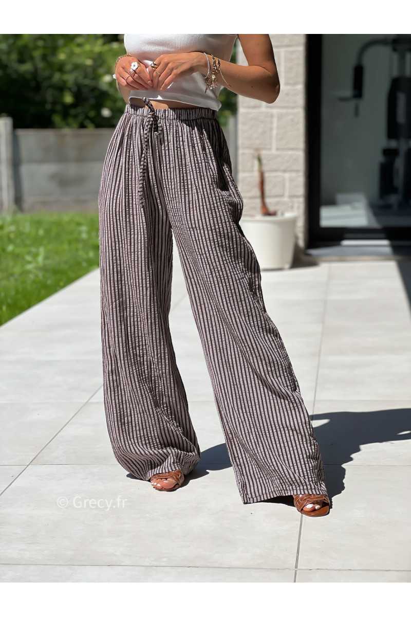 Pantalon large gaze de coton rayures marron mode tendance grecy printemps été 2025 basique intemporel