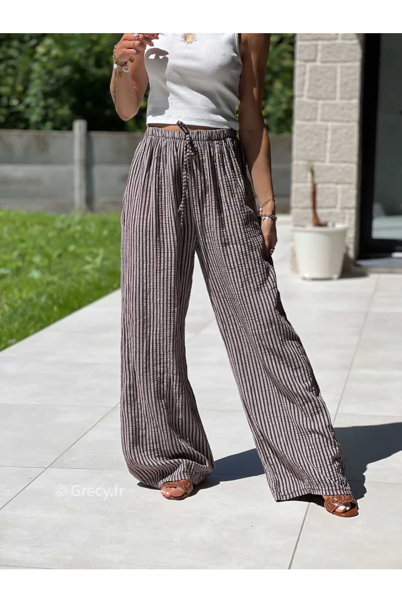 Pantalon large gaze de coton rayures marron mode tendance grecy printemps été 2025 basique intemporel