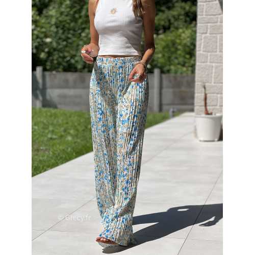 Pantalon plissé fleuri bleu vert élastique taille mode tendance grecy printemps été 2025 basique intemporel