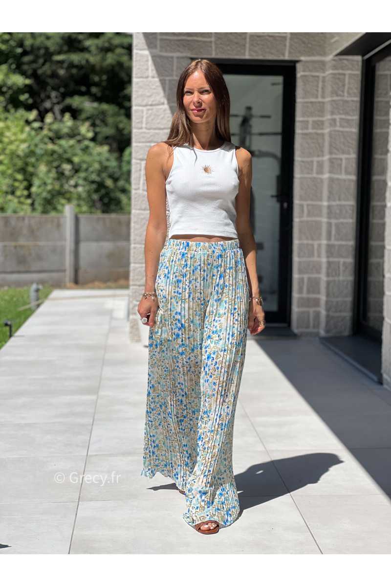 Pantalon plissé fleuri bleu vert élastique taille mode tendance grecy printemps été 2025 basique intemporel