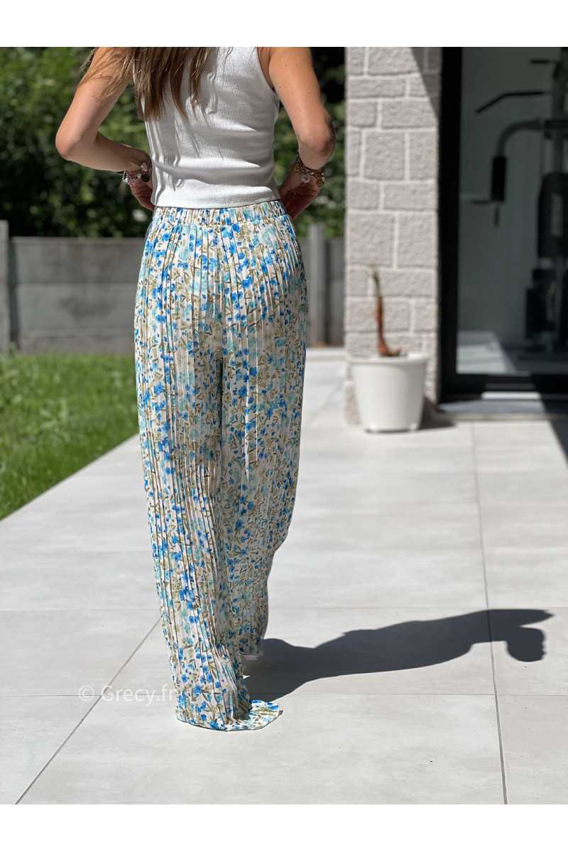 Pantalon plissé fleuri bleu vert élastique taille mode tendance grecy printemps été 2025 basique intemporel