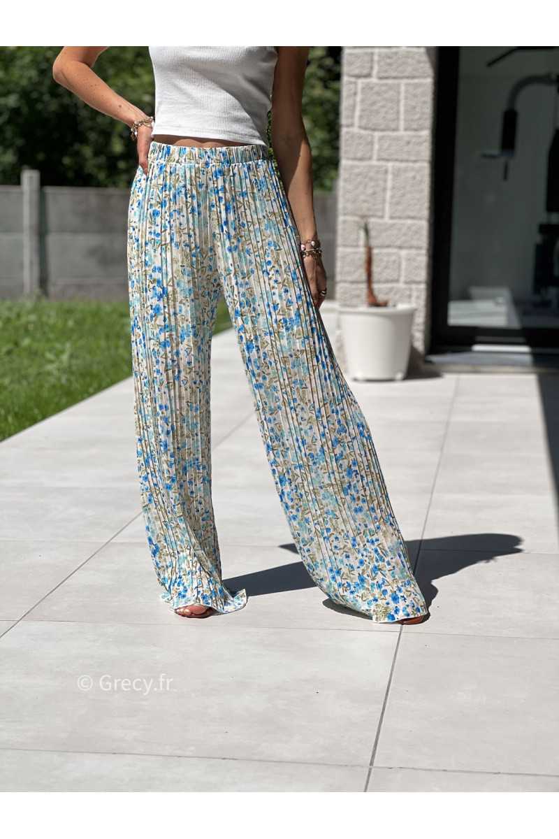 Pantalon plissé fleuri bleu vert élastique taille mode tendance grecy printemps été 2025 basique intemporel